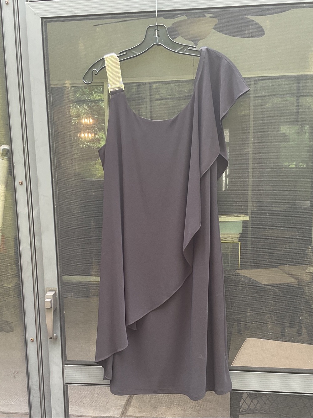 Dress Barn One-Shoulder Draped Black Dress with Silver Chainmail Strap